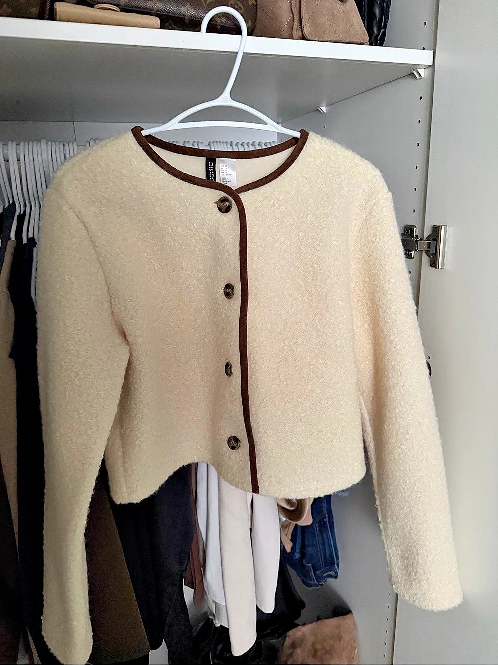H&M Textured-Knit Low-Cut Cardigan Cream & Brown